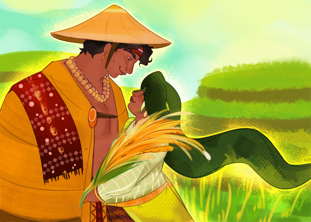 An illustration of Lakanbini the rice mother holding straws of rice plants while looking into the eyes of Lakanbuit.