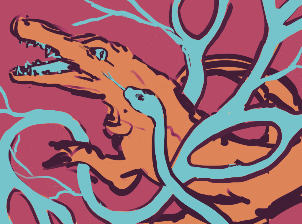 An illustration of the mother crocodile Indung Tibuan in a state of discomfort surrounded by veins. Alongside this is the snake Lakanpani which appears to be the same color as the veins.